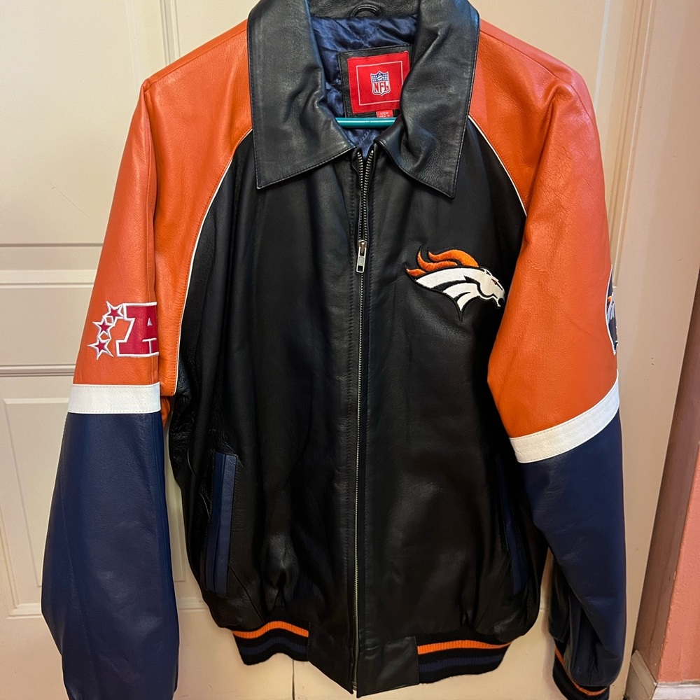 NFL Denver Broncos Leather Jacket - Black, Orange, and Blue